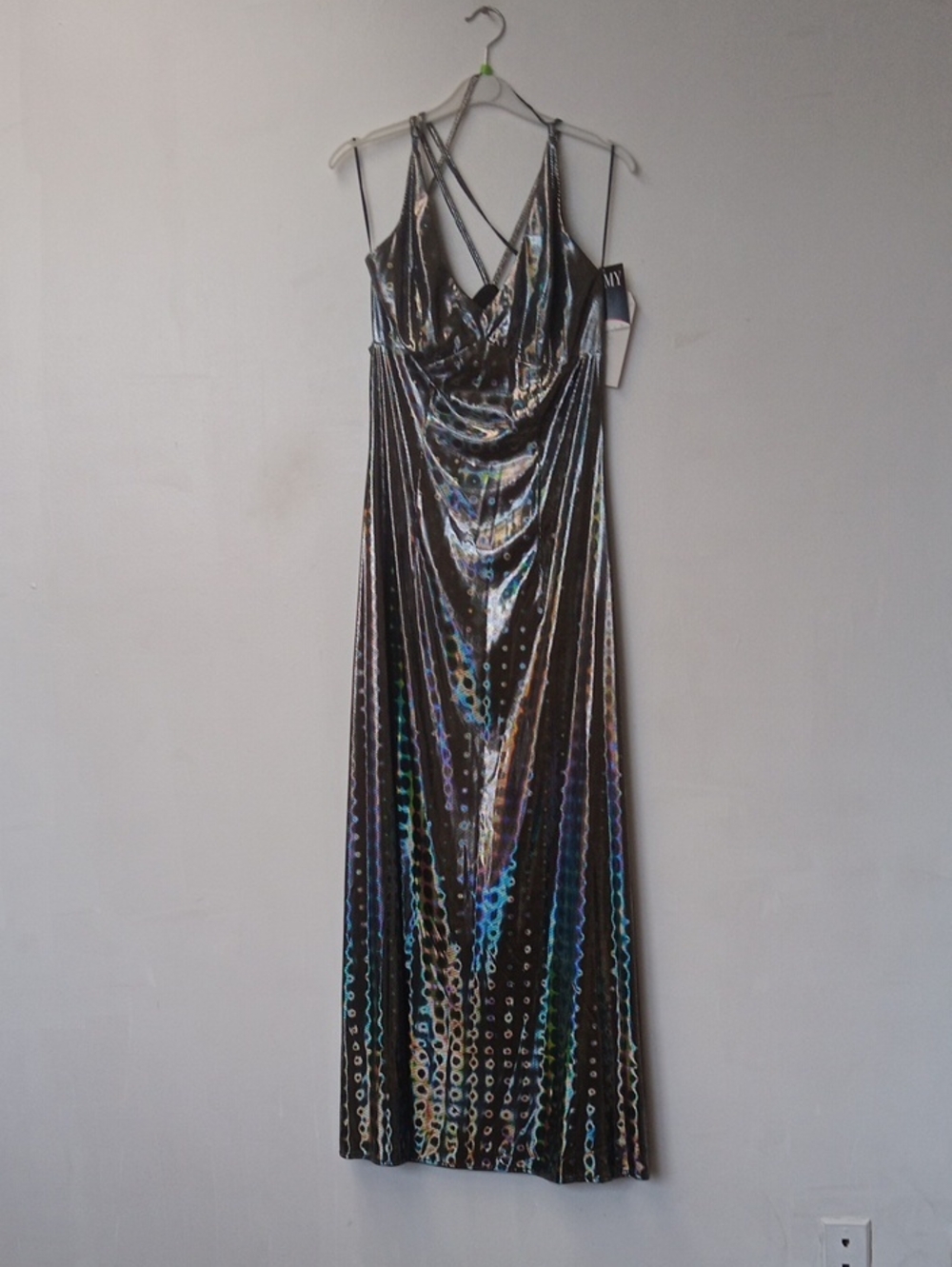 Romy Iridescent Silver Holographic Strappy Maxi Dress